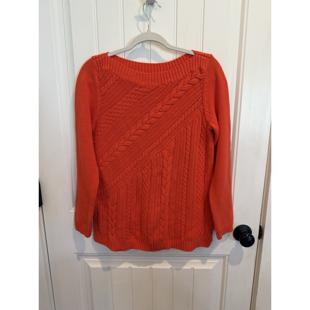 Talbots M Orange Boat Neck Cable Knit Sweater Long Sleeves Casual Cotton Autumn